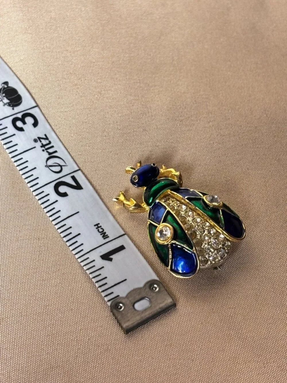 Vintage Gold Plated Green Blue Enamel Rhinestone Bug Brooch Pin Collectible A71 - Picture 8 of 8